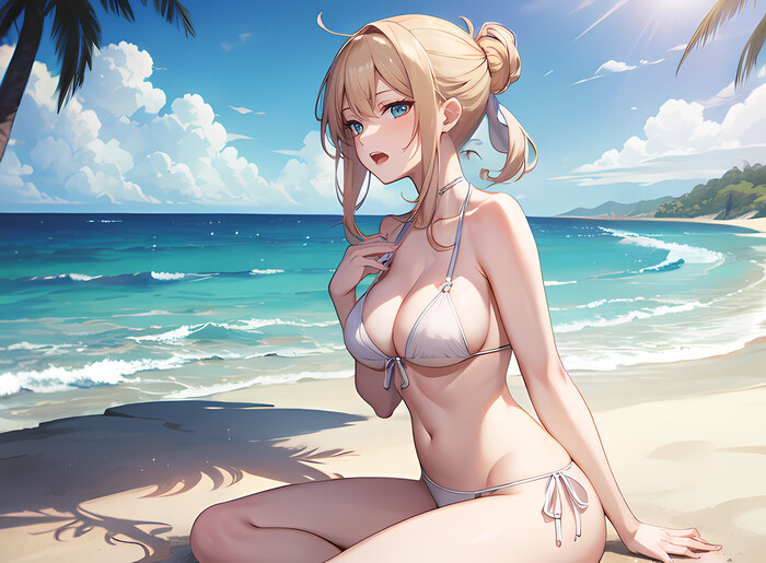 The best girl in the class... - NSFW, My, Art, Anime, Girls, Boobs, Swimsuit, Beach, Erotic, Hand-drawn erotica, Neural network art, Stable diffusion, Anime art, Longpost