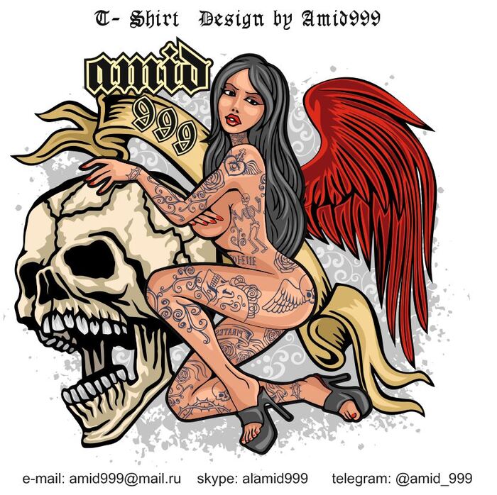 Sexy tattooed girls with skull - NSFW, My, Scull, Art, Girl with tattoo, Demon, Elves, Succubus