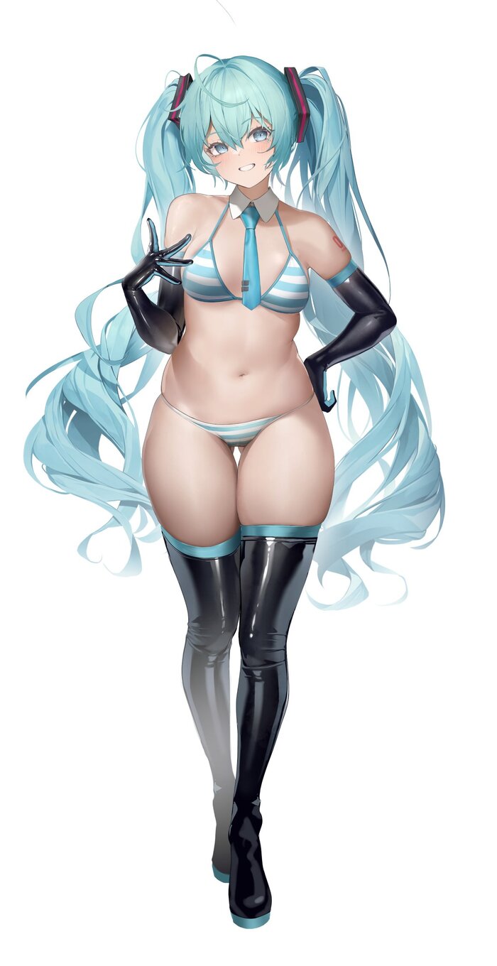 Miku - NSFW, Ka941, Art, Anime, Anime art, Hand-drawn erotica, Erotic, Vocaloid, Hatsune Miku, Swimsuit, Extra thicc, Longpost, Twitter (link)