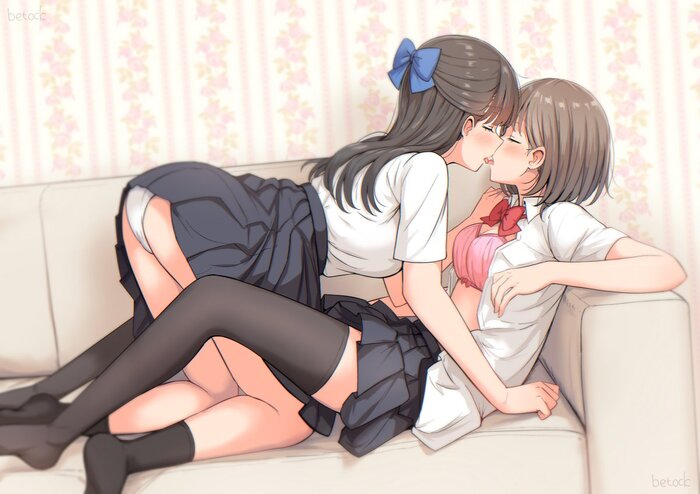 Original - NSFW, Anime art, Anime, Yuri, Original character, Underwear, Kiss, Friend, Stockings, Twitter (link)