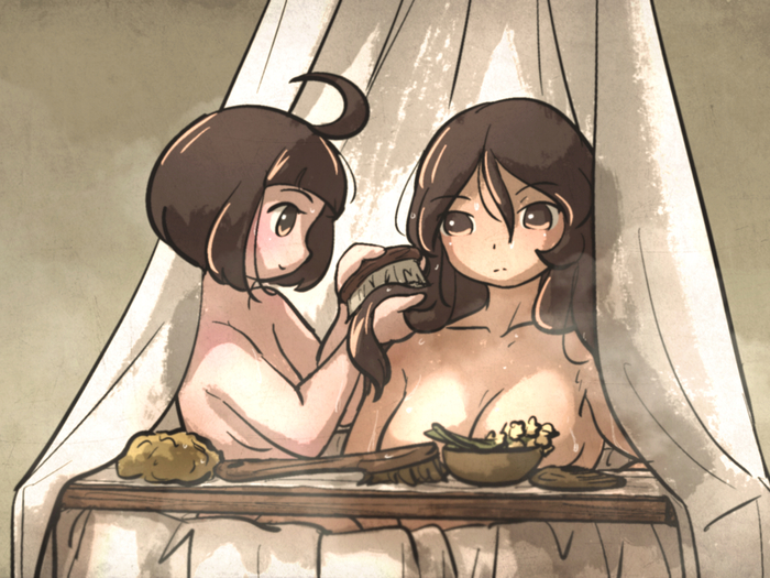 Lady Lucerne and her squire while bathing - NSFW, Vanishlily, Art, Anime, Anime art, Hand-drawn erotica, Original character, Bath, Twitter (link)