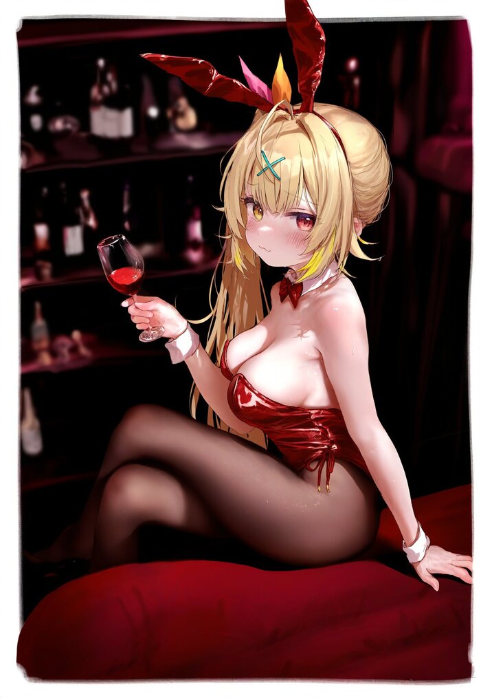 Guilt or something else - NSFW, Anime, Anime art, Girls, Bunny ears, Bunnysuit, Wine, Original character, Twitter (link), Hoshikawa Sara, Hololive, Virtual youtuber