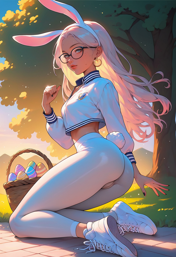 Bunny - NSFW, My, Neural network art, Art, Stable diffusion, Erotic, Cameltoe, Colorful hair, Glasses, Easter eggs, Нейронные сети, Booty, Girls, Bunny ears, Bunny tail