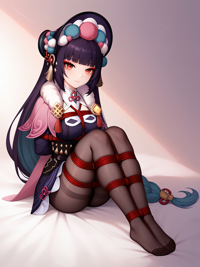 Yun Jin - NSFW, Yun Jin, Pixiv, Anime, Anime art, Hips, Genshin impact, Shibari, BDSM, Red eyes, Bondage, Tights, Neural network art, Longpost