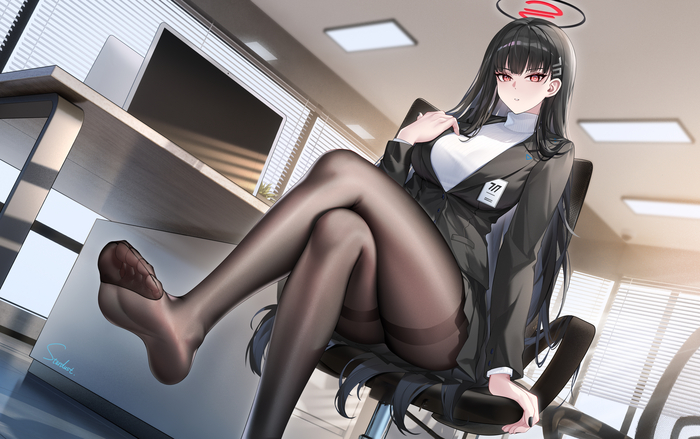 high culture - NSFW, Art, Anime, Anime art, Blue archive, Tsukatsuki Rio, Foot fetish, Tights, Office workers