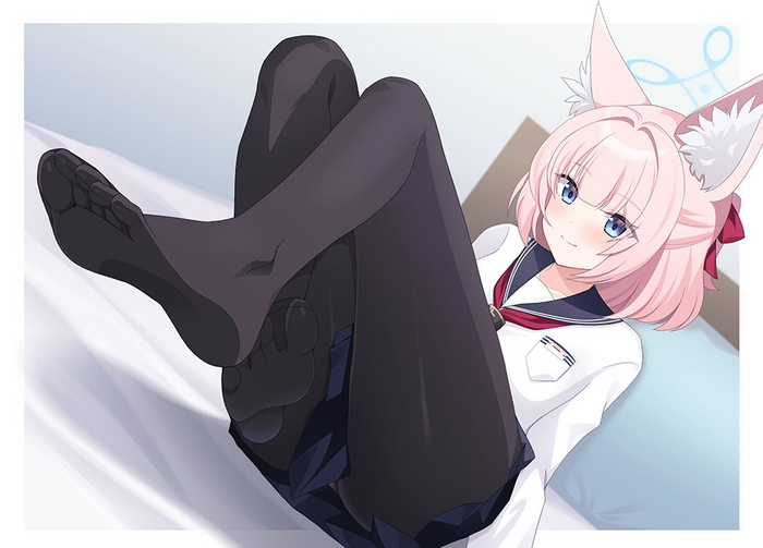 Hello, people of high culture - NSFW, Anime, Anime art, Blue archive, Niko (Blue Archive), Animal ears, Tights, Foot fetish, School uniform