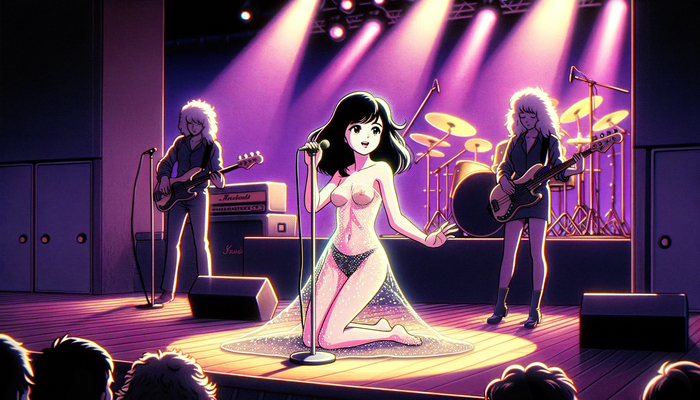 Maria Takeuchi's best concert - NSFW, My, Erotic, Hand-drawn erotica, Boobs, Girls, Anime art, Anime, Neural network art, Topless, Concert, 80-е, Transparency, Brunette, Electric guitar, Underpants, Neon backlight, Retro, Dall-e
