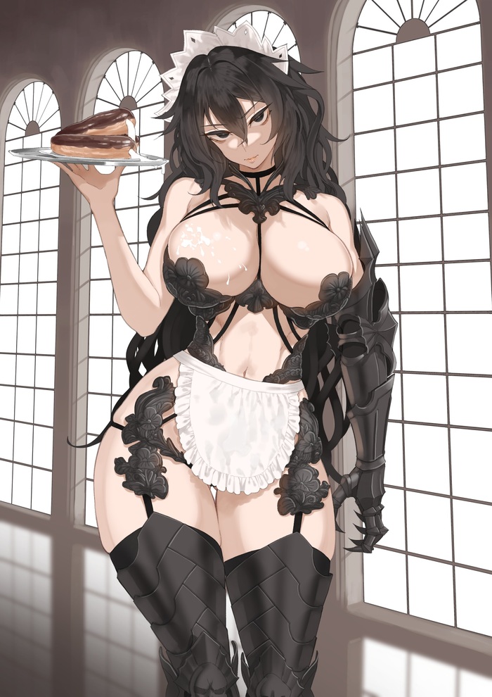 Executioner Maid - NSFW, Art, Anime art, Original character, Housemaid, Girls, Erotic, Hand-drawn erotica, Underwear, Stockings, Boobs, Apron, Eclairs, Tray, Throtem, Longpost