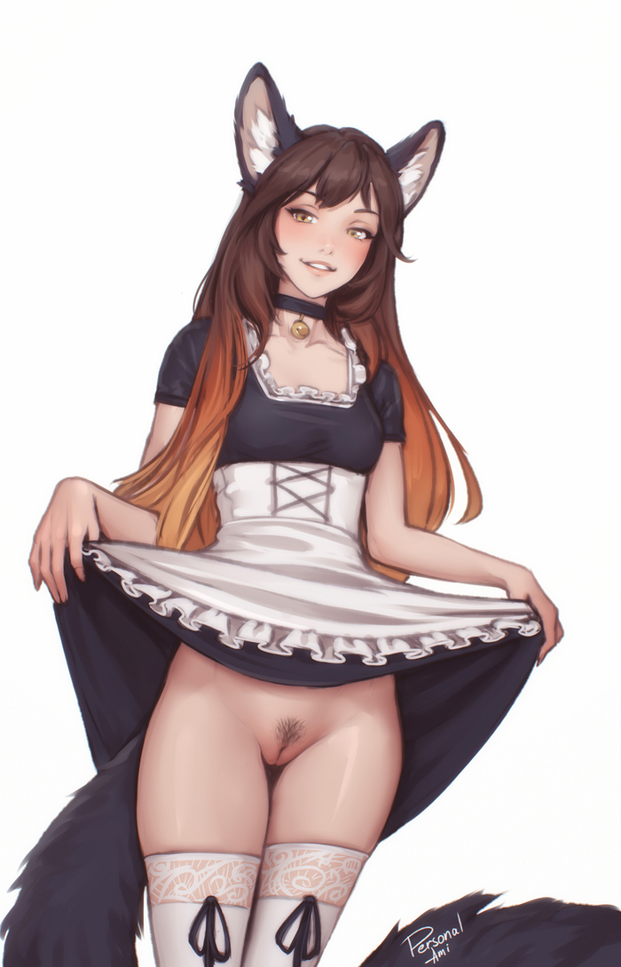 Aura - NSFW, Art, Drawing, Original character, Neko, Girls, Erotic, Hand-drawn erotica, Without underwear, Upskirt, Stockings, Pubis, Pubes, Labia, Choker, Animal ears, Tail, Personalami