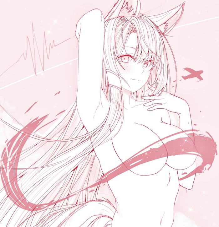 Akagi - NSFW, Erotic, Boobs, Girls, Anime art, Anime, Hand-drawn erotica, Akagi, Azur lane, Animal ears, Tail, Art