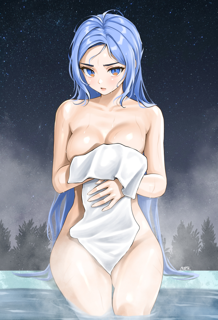 Under the night sky - NSFW, Drawing, Bathing, Girls, Towel, Naked, Bust, Sight, Original character, Minah, Erotic, Chaesu, Anime art, Art