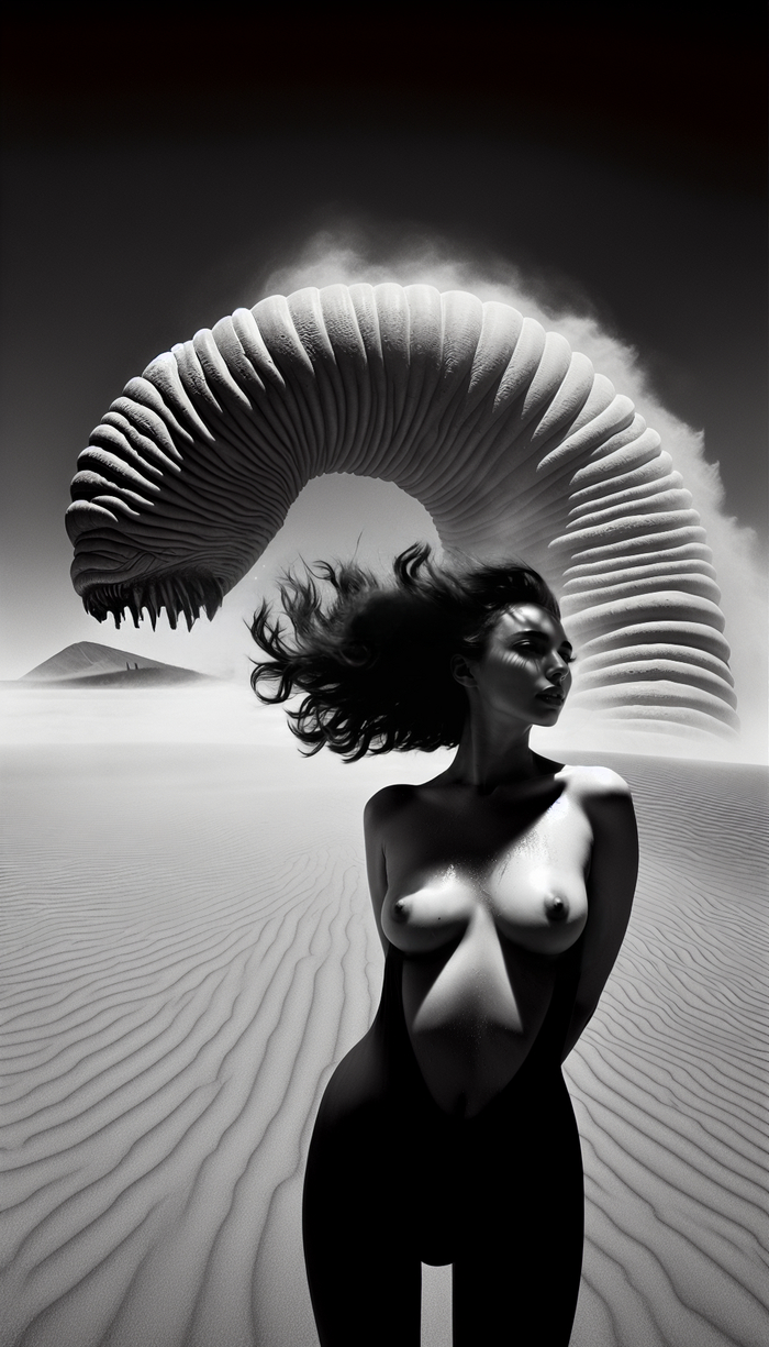 In desert - NSFW, My, Neural network art, Erotic, Stable diffusion, Boobs, Art, Desert, Sandworm, Black and white photo