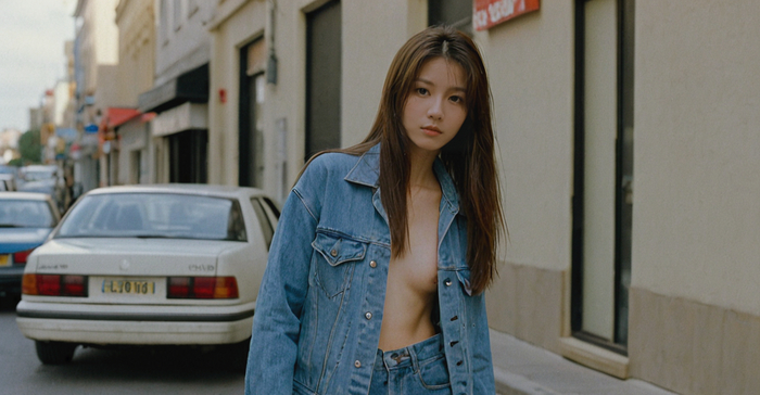 Girl in a denim jacket - NSFW, My, Girls, Asian, Film, Birthmarks, Japanese, Neural network art, Erotic, Art, Naked, beauty, Denim, The street
