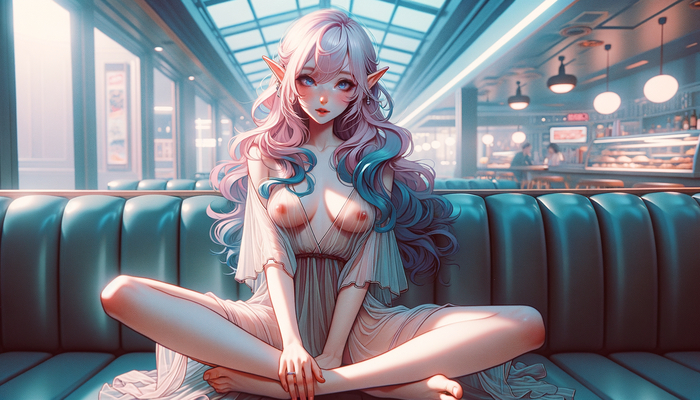 Well, where is my order? - NSFW, My, Hand-drawn erotica, Erotic, Girls, Anime art, Anime, Neural network art, Original character, The dress, A restaurant, Elves, Boobs, Topless, Atmosphere, Long hair, Pink hair, Neckline, Art, Dall-e, Colorful hair, Nipples