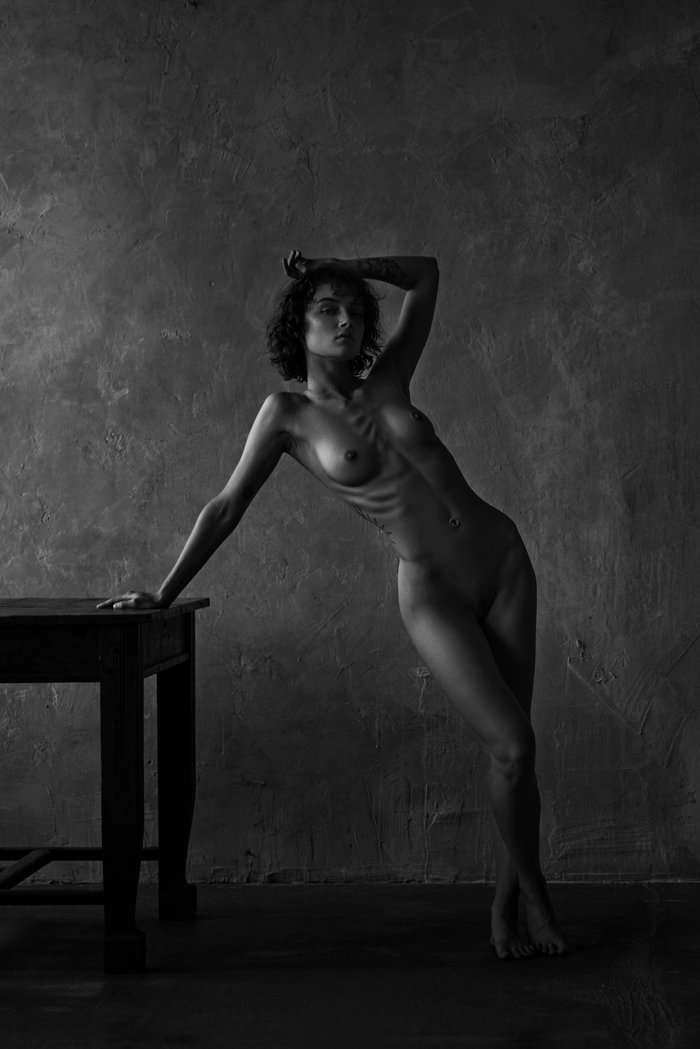 At the table - NSFW, My, Erotic, Black and white photo, Professional shooting, Girls, Figure