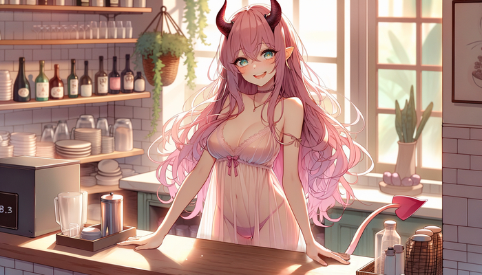 Anything to suggest to you? - NSFW, My, Hand-drawn erotica, Erotic, Girls, Anime art, Anime, Neural network art, Original character, The dress, Elves, Atmosphere, Long hair, Pink hair, Neckline, Art, Dall-e, Colorful hair, Cafe, Pajamas, Succubus, Girl with Horns