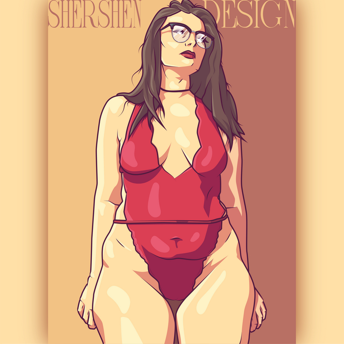 Curvy in red - NSFW, My, Erotic, Hand-drawn erotica, Boobs, Art, Booty, Chubby art, Fullness, Girl in glasses