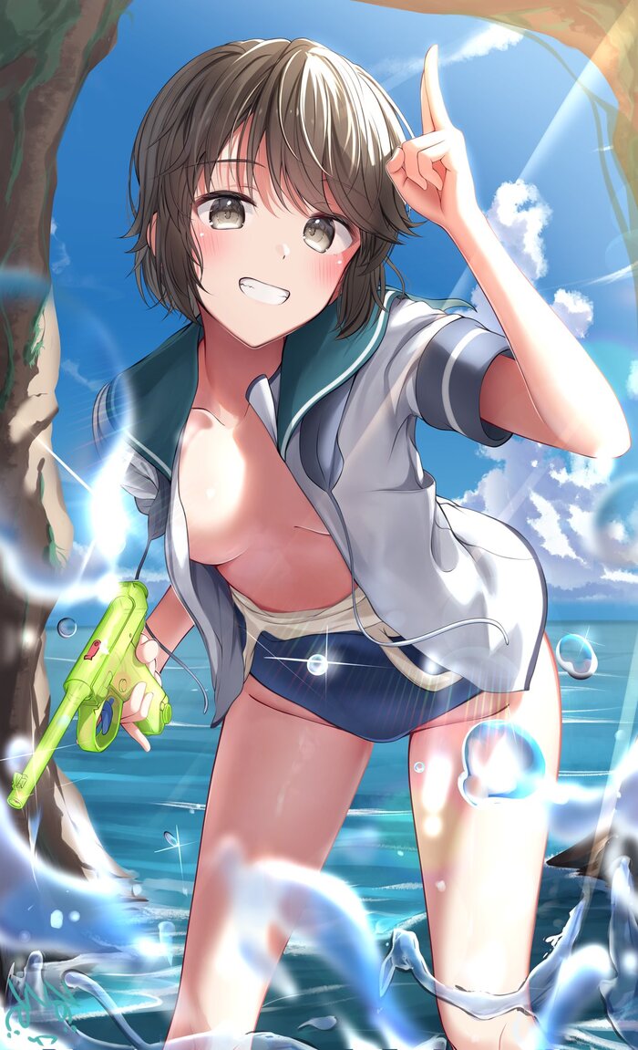 Miyuki - NSFW, Kantai collection, Miyuki, Hand-drawn erotica, Swimsuit, Sea, Anime, Anime art