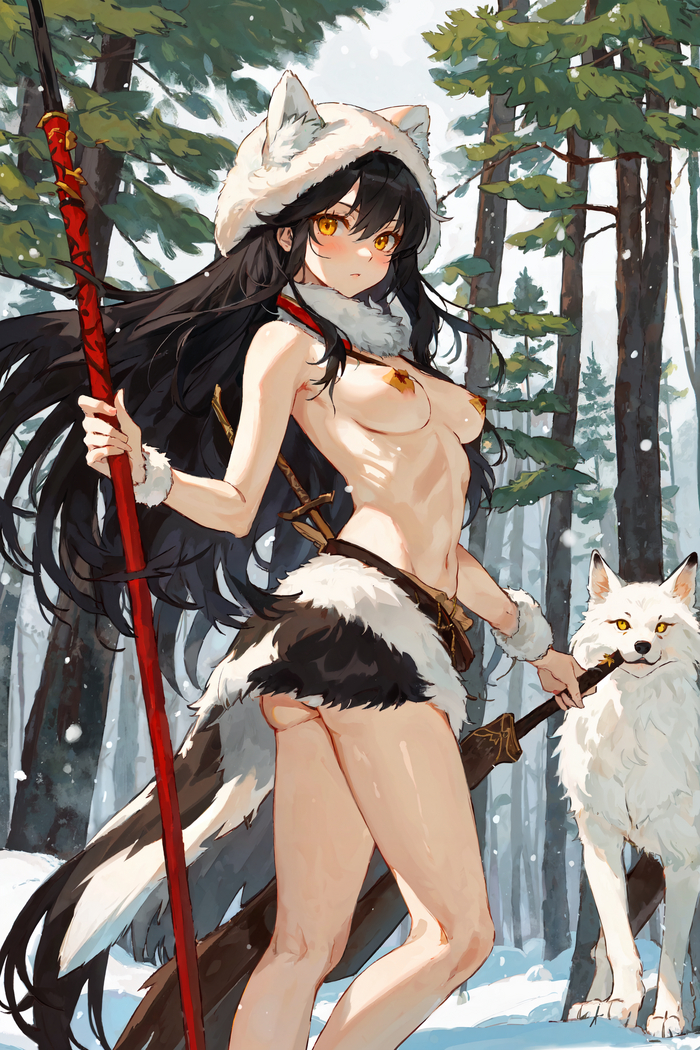 Taiga hunter and white fox - NSFW, My, Neural network art, Stable diffusion, Girls, Portrait, Anime art, A spear, Taiga, Fox, Boobs, Skin, Hand-drawn erotica, Winter cap