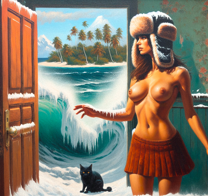 Door to summer - NSFW, My, Neural network art, Erotic, Stable diffusion, Boobs, Art, Black cat, Door, Hat with ear flaps