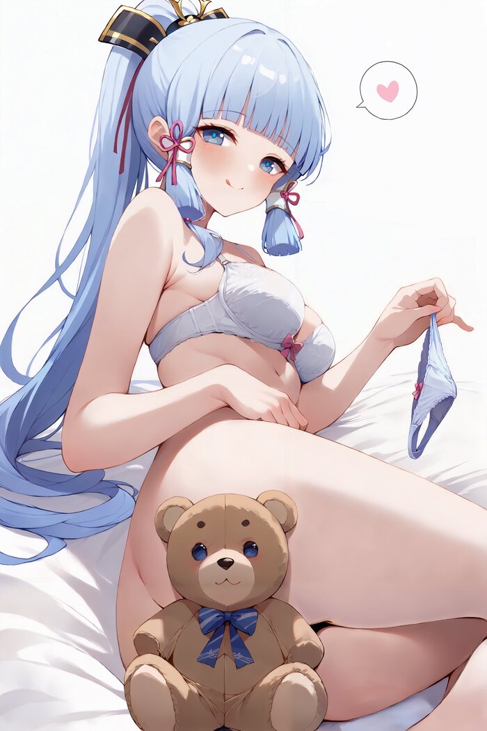 Will you play with me? - NSFW, Anime, Anime art, Kamisato Ayaka (Genshin Impact), Genshin impact, Underwear, Neural network art, Teddy bear, Booty