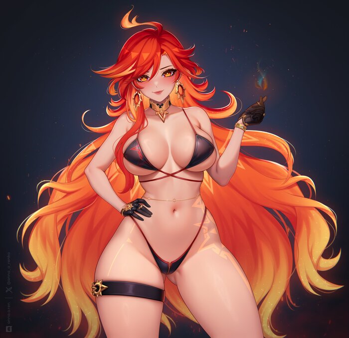 Mavuika - NSFW, Genshin Impact, Mavuika (Genshin Impact), Арт, Девушки, Игры, Anime Art, Аниме, Купальник, Сиськи, Длиннопост