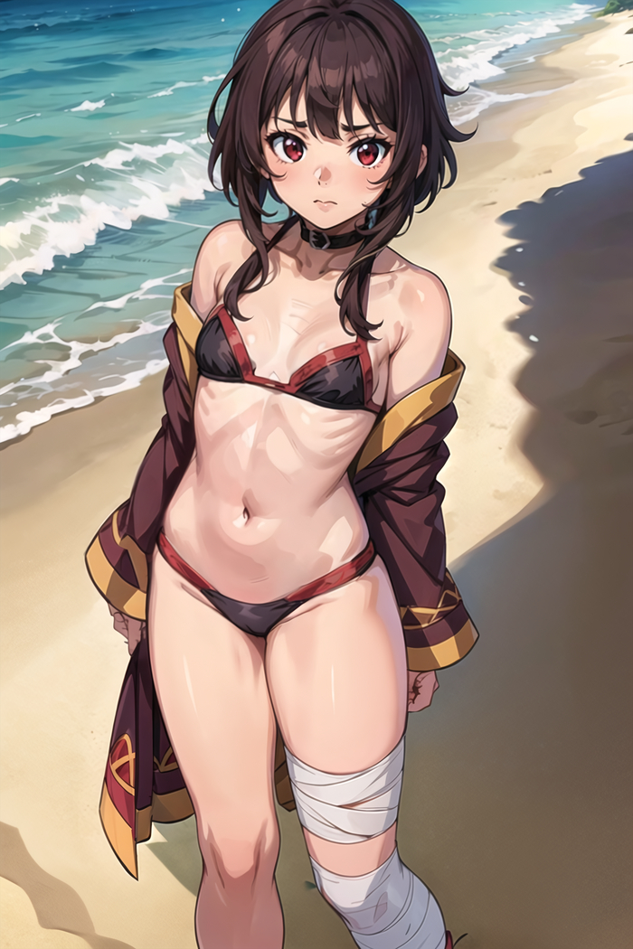 Megumin Beach - NSFW, My, Anime, Anime art, Neural network art, Erotic, Hand-drawn erotica, Konosuba, Megumin