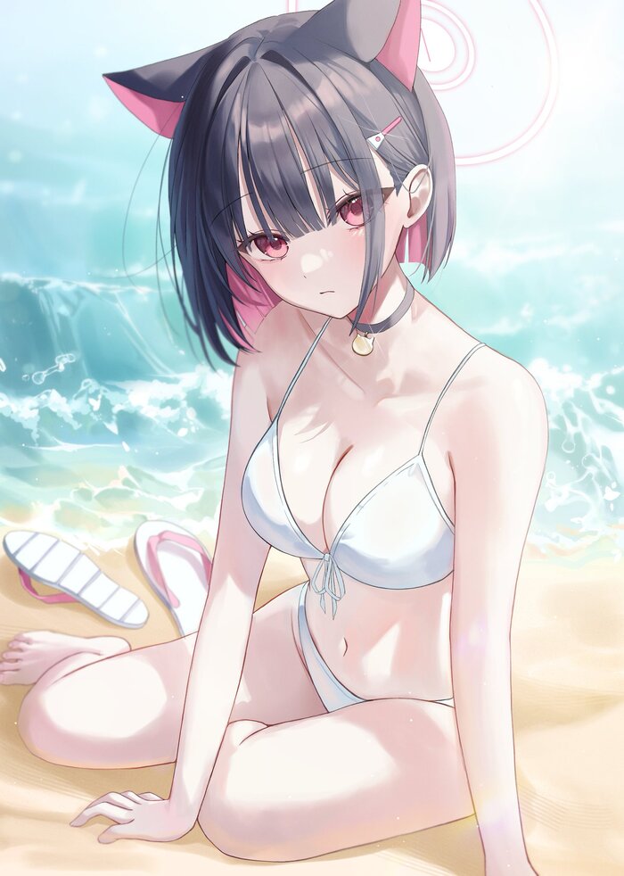 Kazusa - NSFW, Anime art, Anime, Blue archive, Kyouyama Kazusa, Animal ears, Swimsuit, Twitter (link)