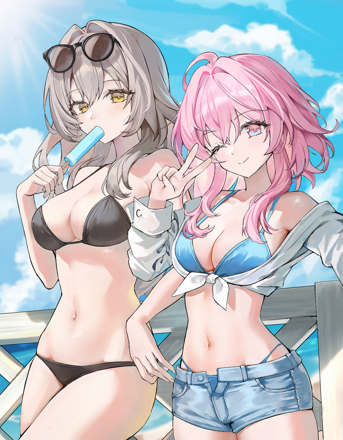 Girls on the sea - NSFW, Stelle (Honkai: Star Rail), Honkai: Star Rail, Anime art, Pixiv, Anime, Swimsuit, Boobs, March 7th (Honkai: Star Rail)