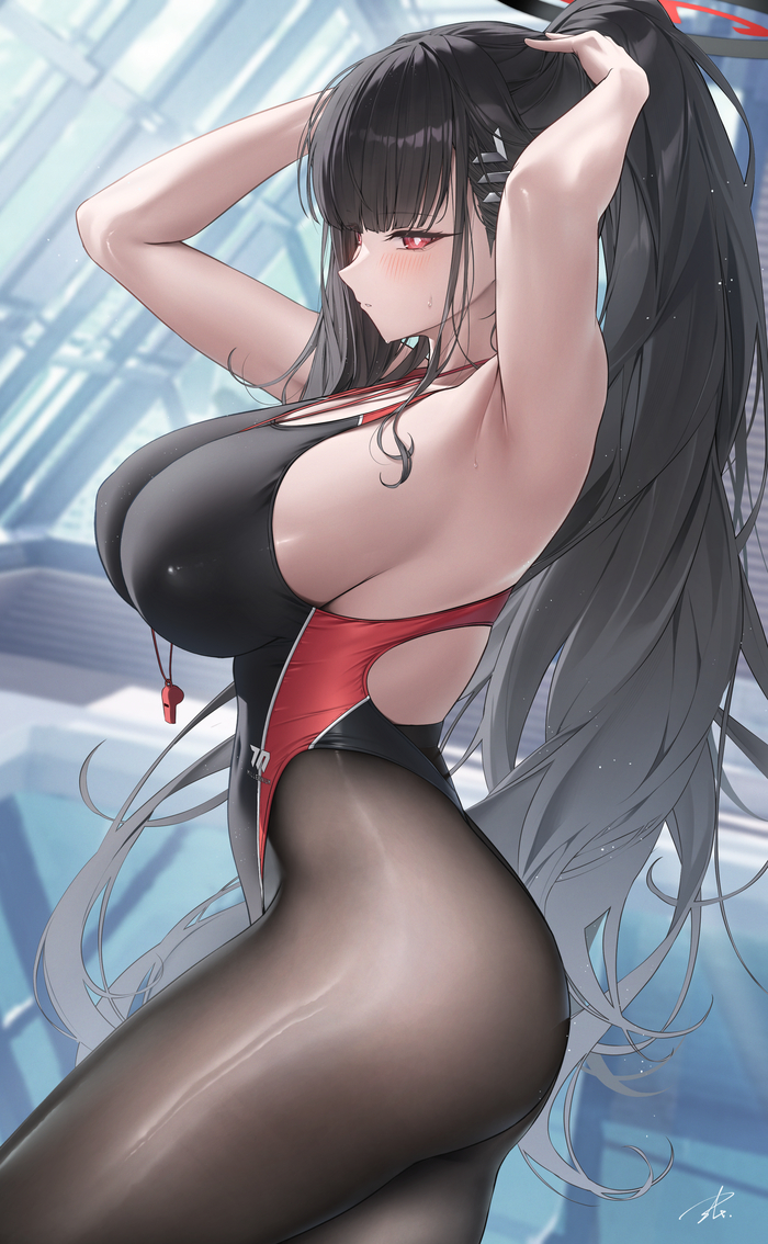 Rio - NSFW, Anime art, Anime, Blue archive, Tsukatsuki Rio, Swimsuit, Tights, Boobs