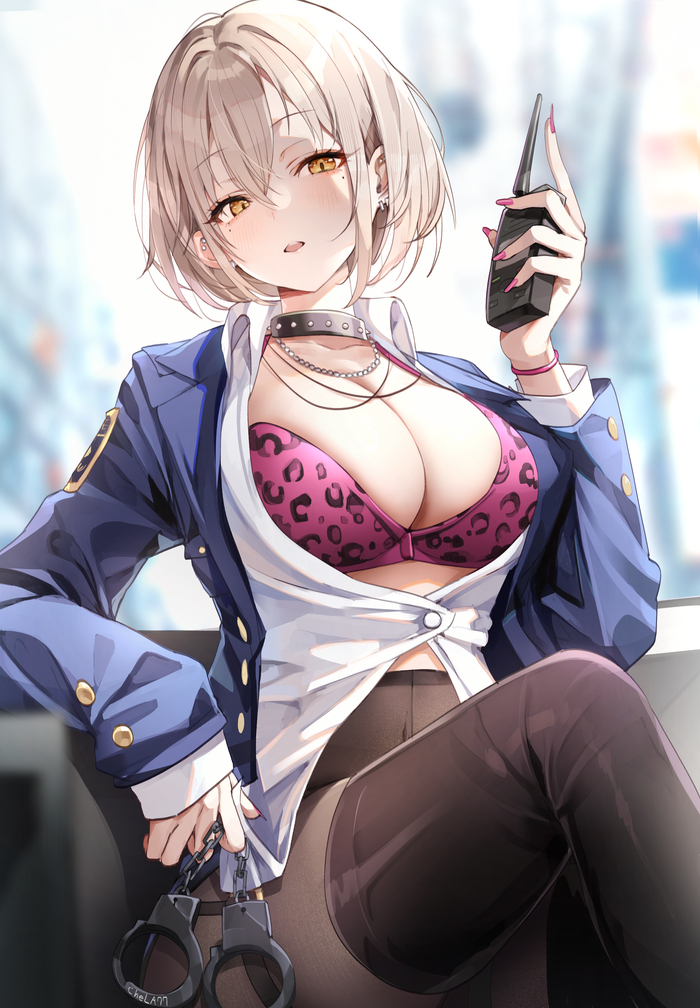 O C - NSFW, Anime art, Anime, Original character, Boobs, Bra, Handcuffs, Tights, Choker, Police, Misyune