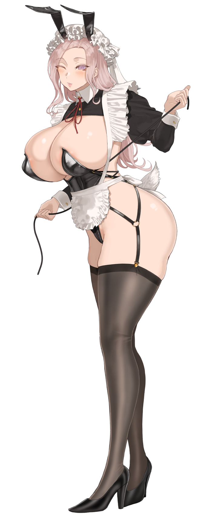 Bunny Maid - NSFW, Art, Anime art, Original character, Housemaid, Girls, Erotic, Hand-drawn erotica, Bunnysuit, Stockings, Boobs, Booty, Side view, Bunny ears, Bunny tail, High heels, Throtem, Longpost