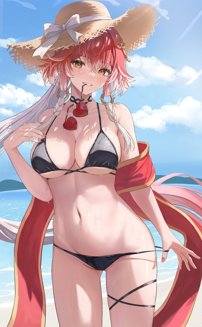 Changli - NSFW, Anime art, Anime, Wuthering Waves, Changli (Wuthering Waves), Bikini, Swimsuit, Straw hat