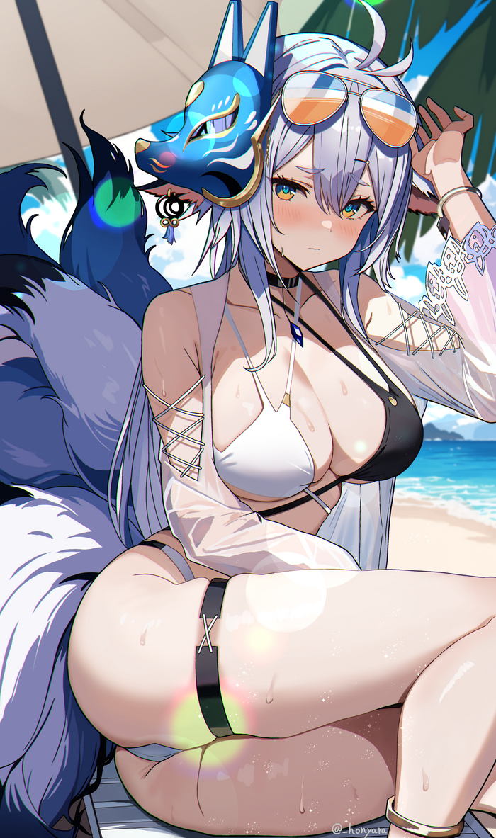 Tosa - NSFW, Anime Art, Аниме, Azur Lane, Tosa, Animal Ears, Кицунэ, Купальник, Хвост, Попа