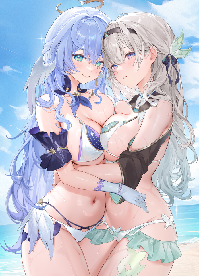 Hotaru and Robin - NSFW, Anime art, Anime, Firefly (Honkai: Star Rail), Robin (Honkai: Star Rail), Honkai: Star Rail, Machi0910, Swimsuit, Beach