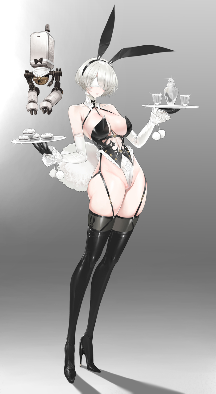 2B.Unny - NSFW, Арт, Anime Art, Аниме, NIER Automata, Yorha unit No 2 type B, Игры, Dishwasher1910, Сиськи, Чулки, Bunnysuit, Animal Ears, Bunny tail, Рисованная эротика, Эротика, Длиннопост