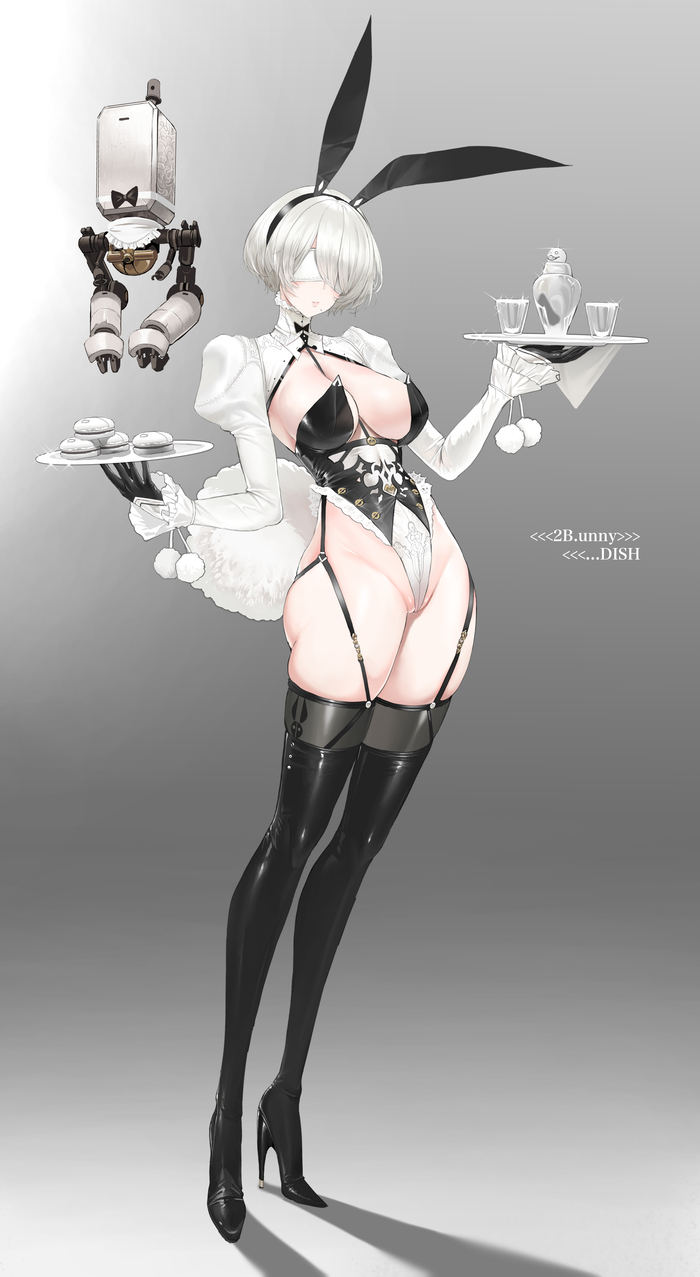 2B.Unny - NSFW, Арт, Anime Art, Аниме, NIER Automata, Yorha unit No 2 type B, Игры, Dishwasher1910, Сиськи, Чулки, Bunnysuit, Animal Ears, Bunny tail, Рисованная эротика, Эротика, Длиннопост