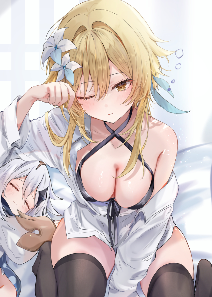 Good morning with Luming - NSFW, Lumine (Genshin Impact), Genshin impact, Boobs, Pixiv, Anime, Hips, Anime art, Stockings, Paimon (Genshin Impact)