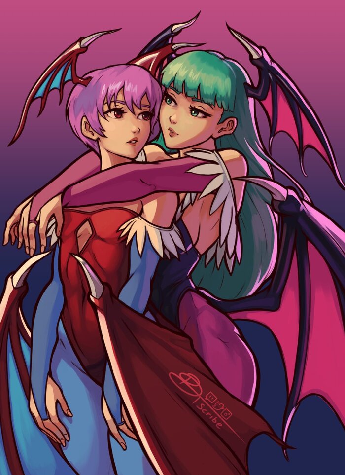 Little sisters - NSFW, Anime art, Anime, Game art, Darkstalkers, Morrigan Aensland, Lilith Aensland, Boobs, Fingering, Kiss, Delicious flat chest, Petting, Twitter (link), Longpost