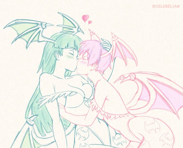 Little sisters - NSFW, Anime art, Anime, Game art, Darkstalkers, Morrigan Aensland, Lilith Aensland, Boobs, Fingering, Kiss, Delicious flat chest, Petting, Twitter (link), Longpost