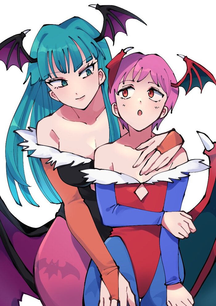 Little sisters - NSFW, Anime art, Anime, Game art, Darkstalkers, Morrigan Aensland, Lilith Aensland, Boobs, Fingering, Kiss, Delicious flat chest, Petting, Twitter (link), Longpost