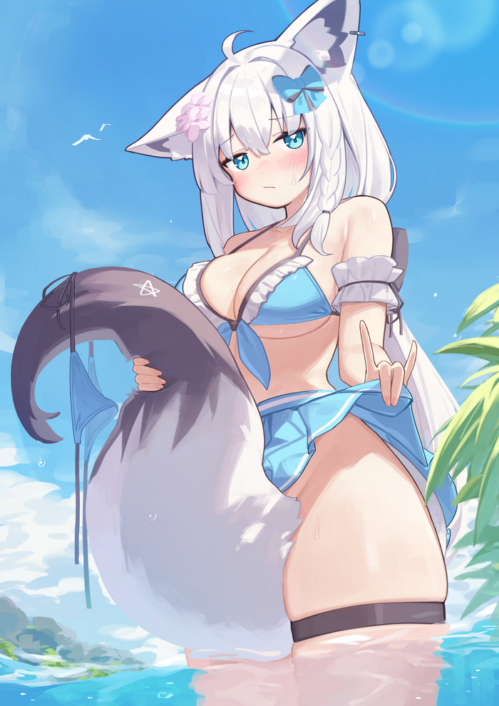 Continuation of the post ... here - NSFW, Anime art, Anime, Virtual youtuber, Hololive, Shirakami fubuki, Animal ears, Tail, Deaver, Swimsuit, Reply to post, A wave of posts