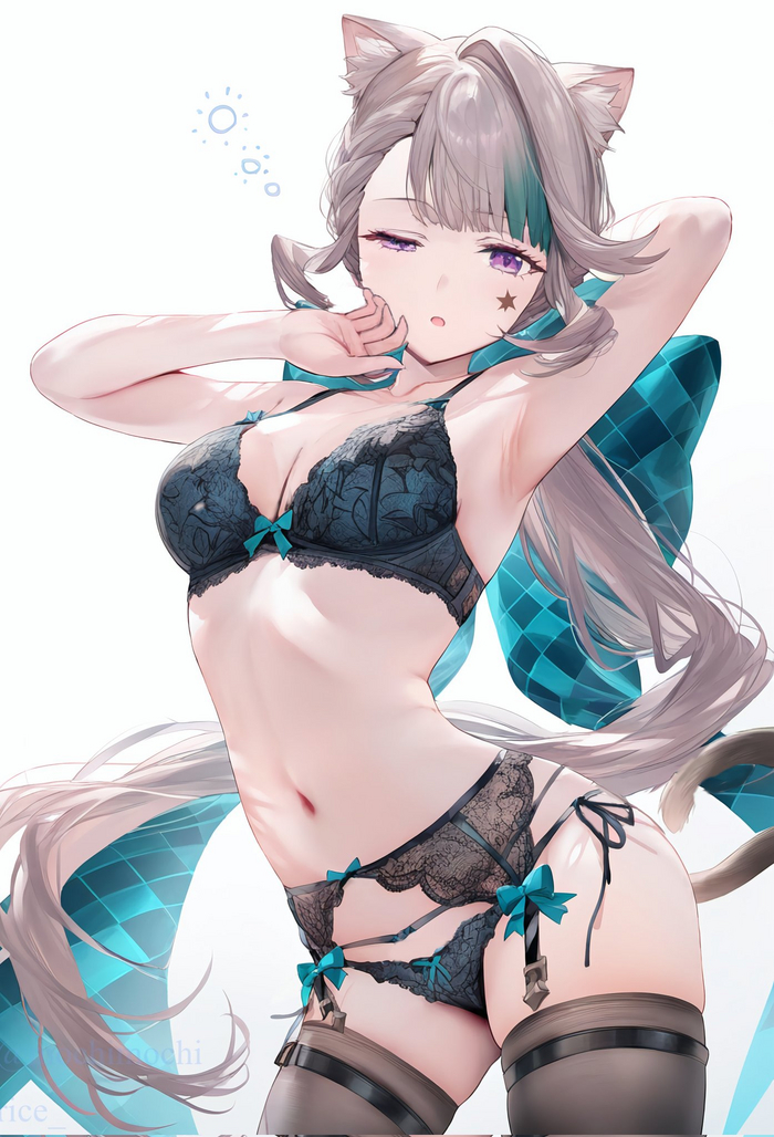 Kitty - NSFW, Genshin impact, Lynette (Genshin Impact), Art, Girls, Games, Anime art, Anime, Mochimochirice, Neural network art, Animal ears, Tail, Stockings