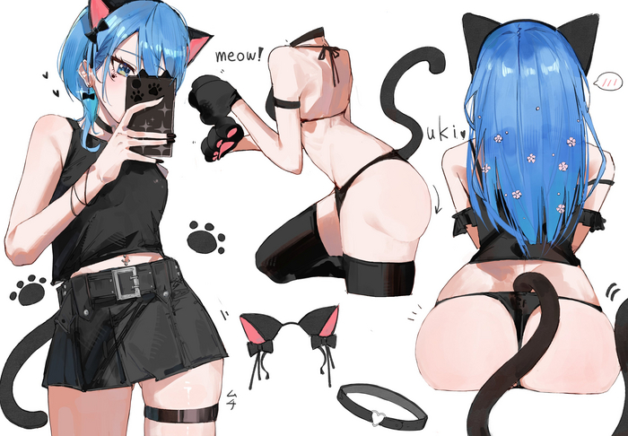 Suisei - NSFW, Anime, Anime art, Art, Girls, Hoshimachi suisei, Hololive, Virtual youtuber, Animal ears, Tail, Booty