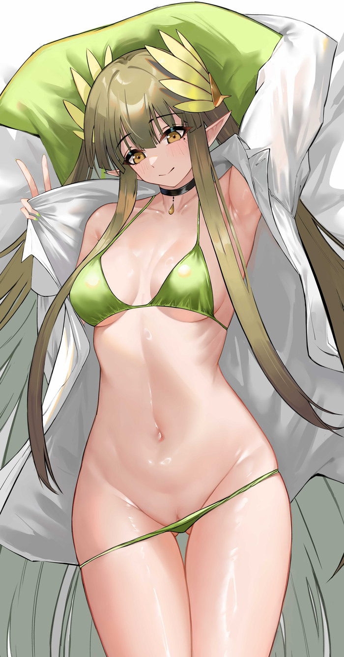 Muelsyse - NSFW, Anime art, Anime, Arknights, Muelsyse, Swimsuit, Labia, Elves