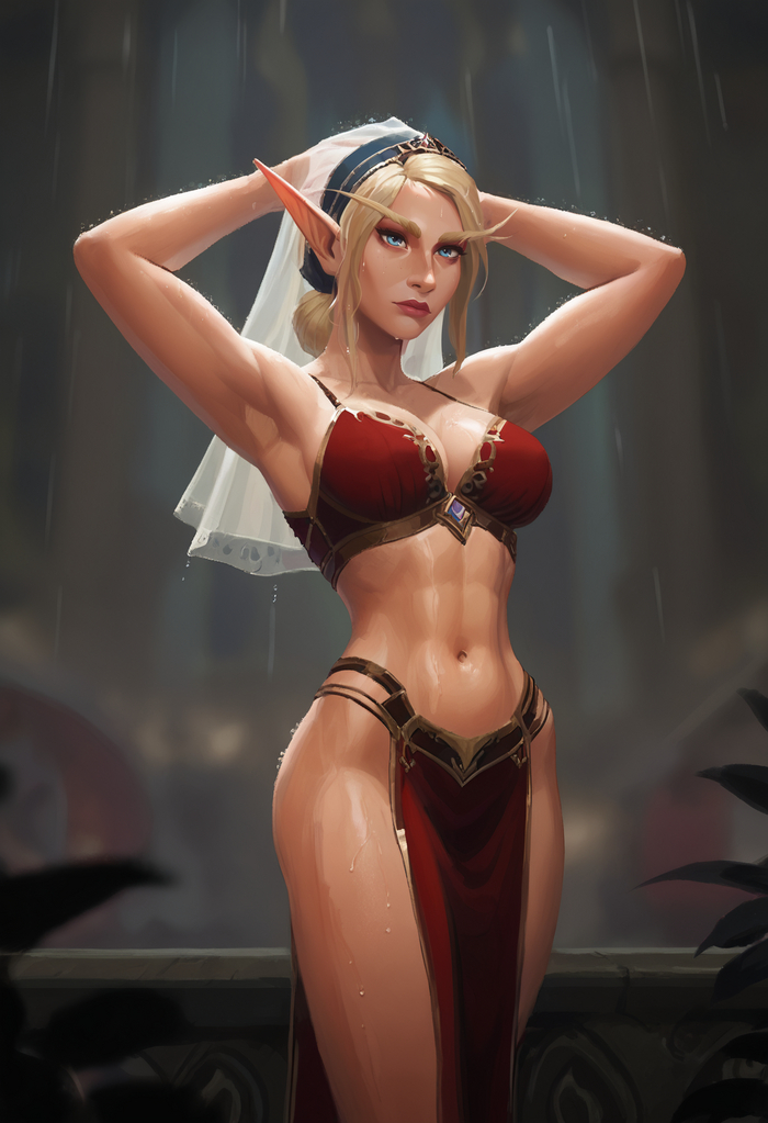 Nature has been so purified that a new art with an elf has been released - NSFW, My, Neural network art, Erotic, Hand-drawn erotica, Art, Anime, Anime art, Original character, Game art, World of warcraft, Warcraft, Elves, Blonde, Navel, Muscleart, Boobs, Nipples, MILF, Longpost