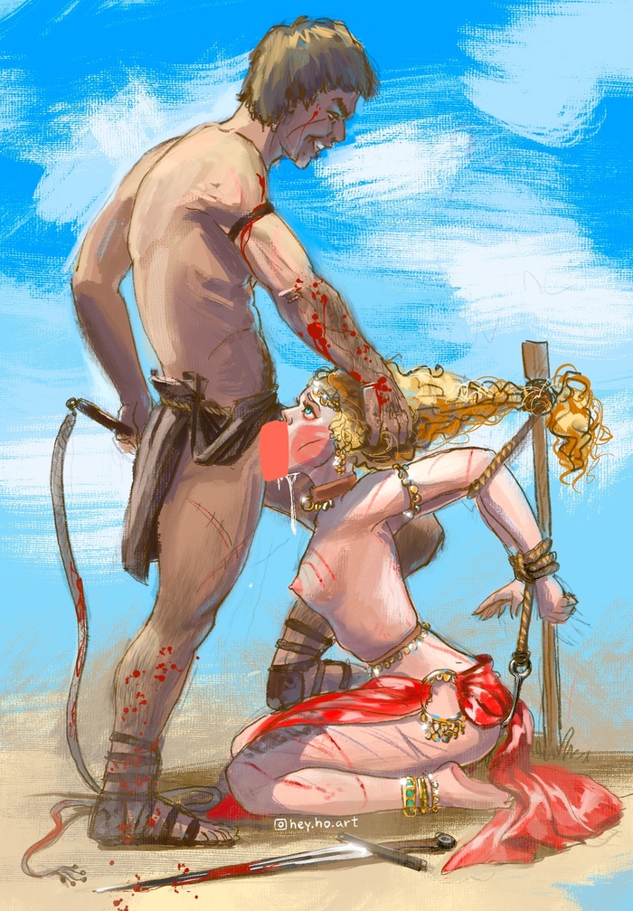 Gold for the Champion - NSFW, My, Gladiator, Slave, Blood, Blow job, Hand-drawn erotica, Erotic, Art, Digital drawing, Bondage, Male dominance