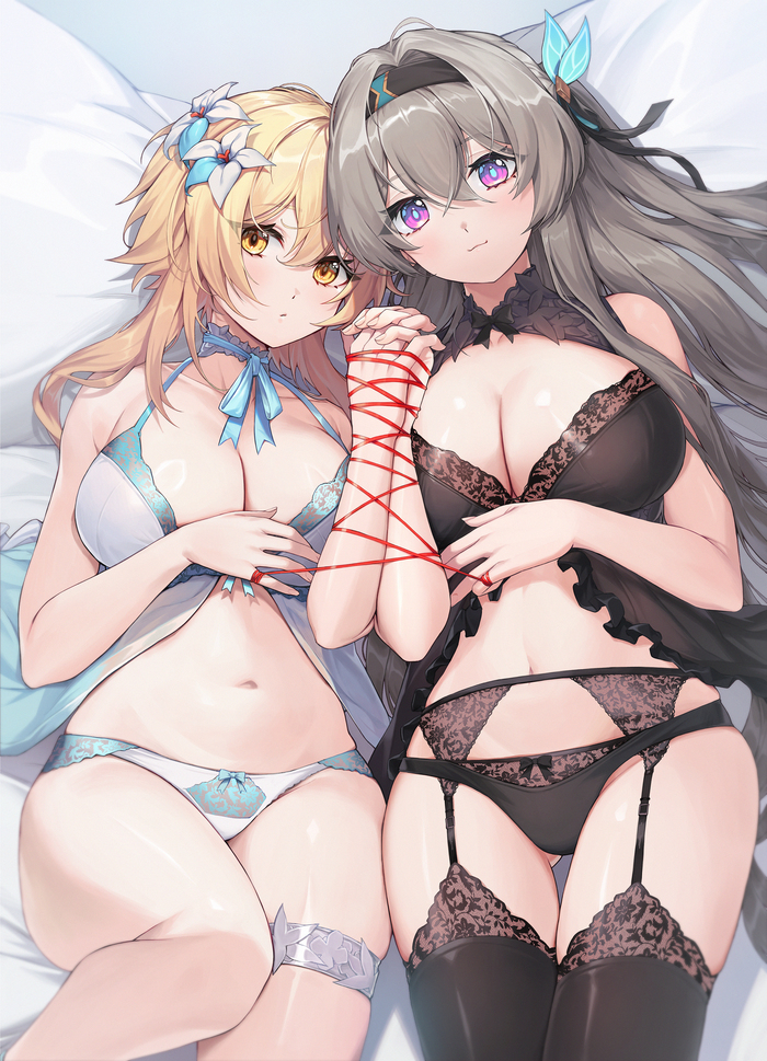 Lumine and Firefly - NSFW, Anime, Anime art, Honkai: Star Rail, Genshin impact, Firefly (Honkai: Star Rail), Lumine (Genshin Impact), Girls, Underwear, Crossover, Stomach, Stockings