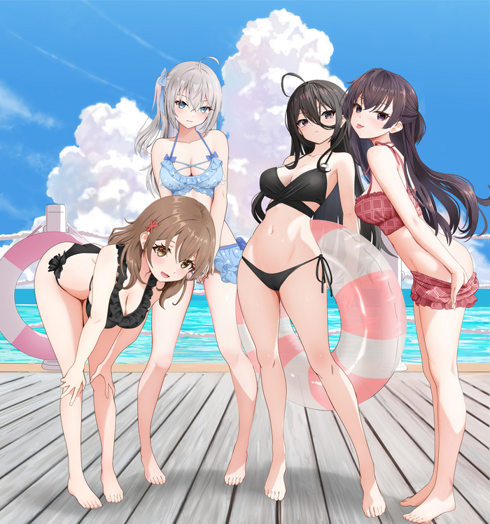 Summer memories - NSFW, Anime art, Anime, Tokidoki Bosotto Russia-go de Dereru Tonari no Aly, Maria Mikhailovna Kujou, Alisa Mikhailovna Kujou, Kimishima Ayano, Suou Yuki, Gibun, Swimsuit, Summer, Sea