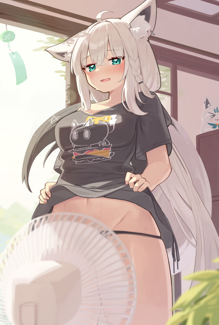 Hot - NSFW, Anime art, Anime, Virtual youtuber, Hololive, Shirakami fubuki, Deaver, Animal ears, Tail, Fan, Heat